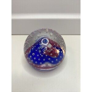 Vintage Glass Paperweight CIIG Blue & Red Swirl Controlled Bubbles 2.25”H